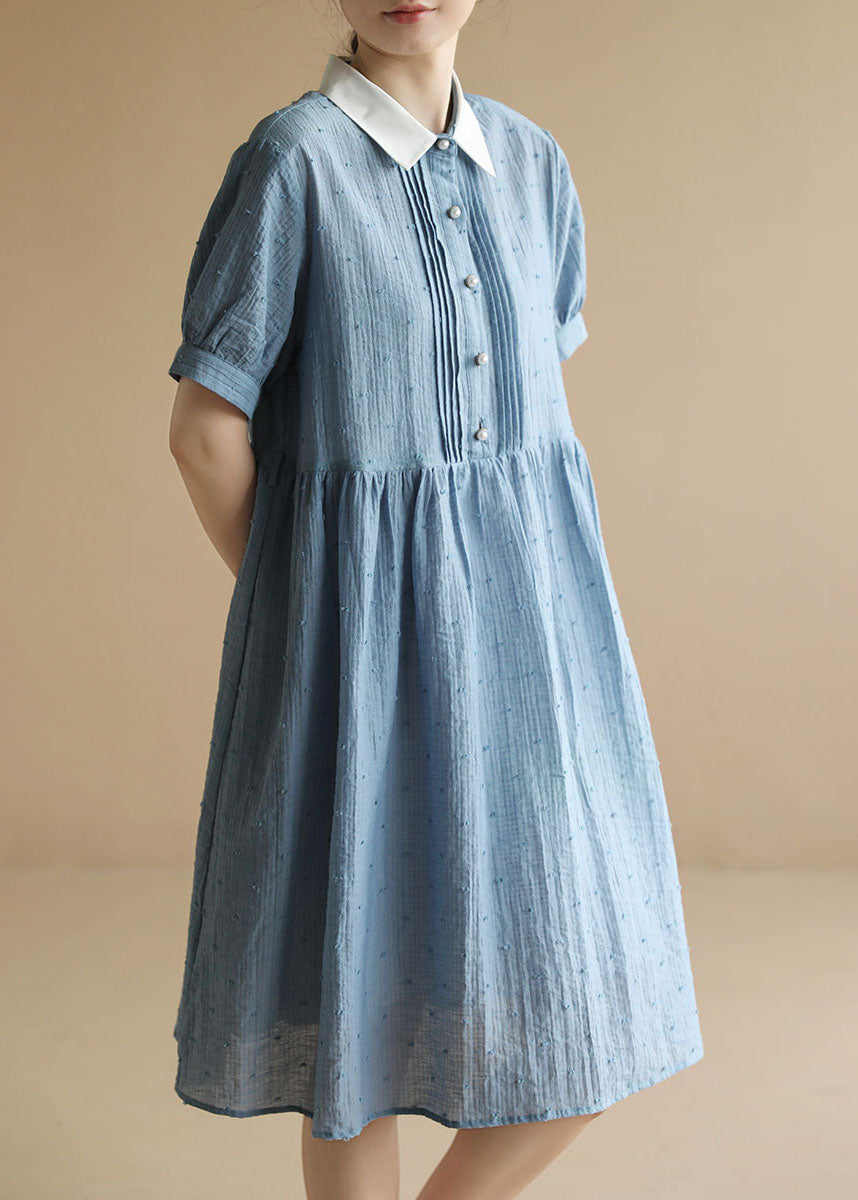 VCSHOES Blue Peter Pan Collar Wrinkled Button Cotton Holiday Dress Short Sleeve