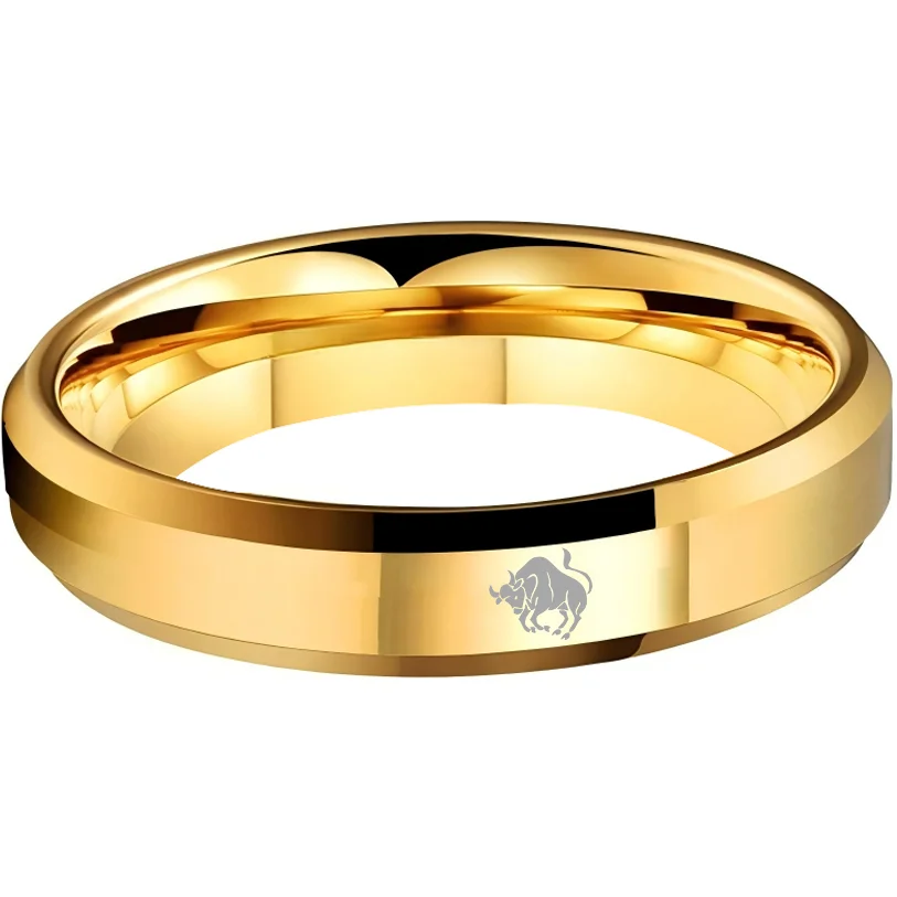 Mens Womens Gold Taurus Tungsten Carbide Rings Gold Edges and Laser Etched Wedding Bands Comfort Fit 4MM 6MM 8MM
