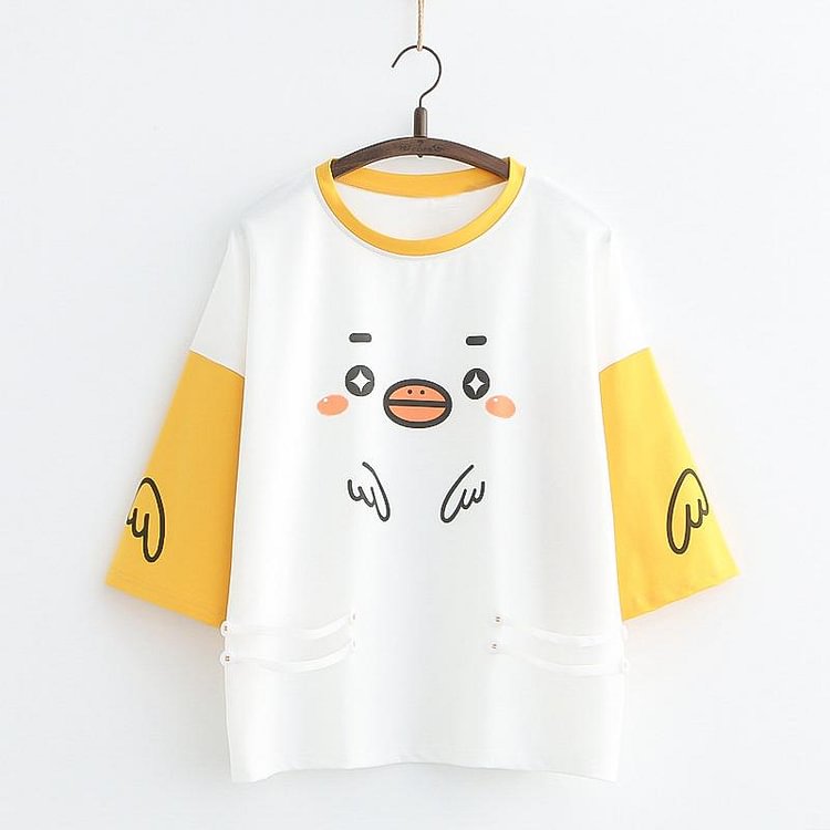 Cartoon Yellow Chick Print T-Shirt - Modakawa Modakawa