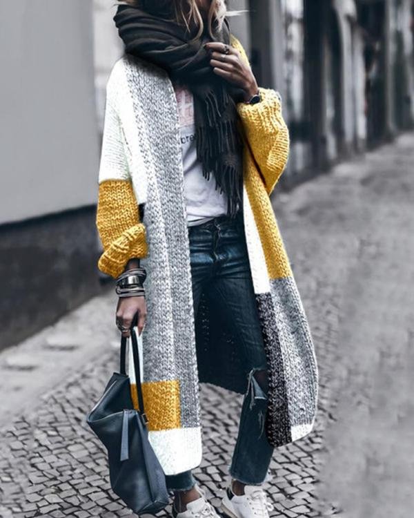 Wool Contrast Color Long Sweater Cardigan
