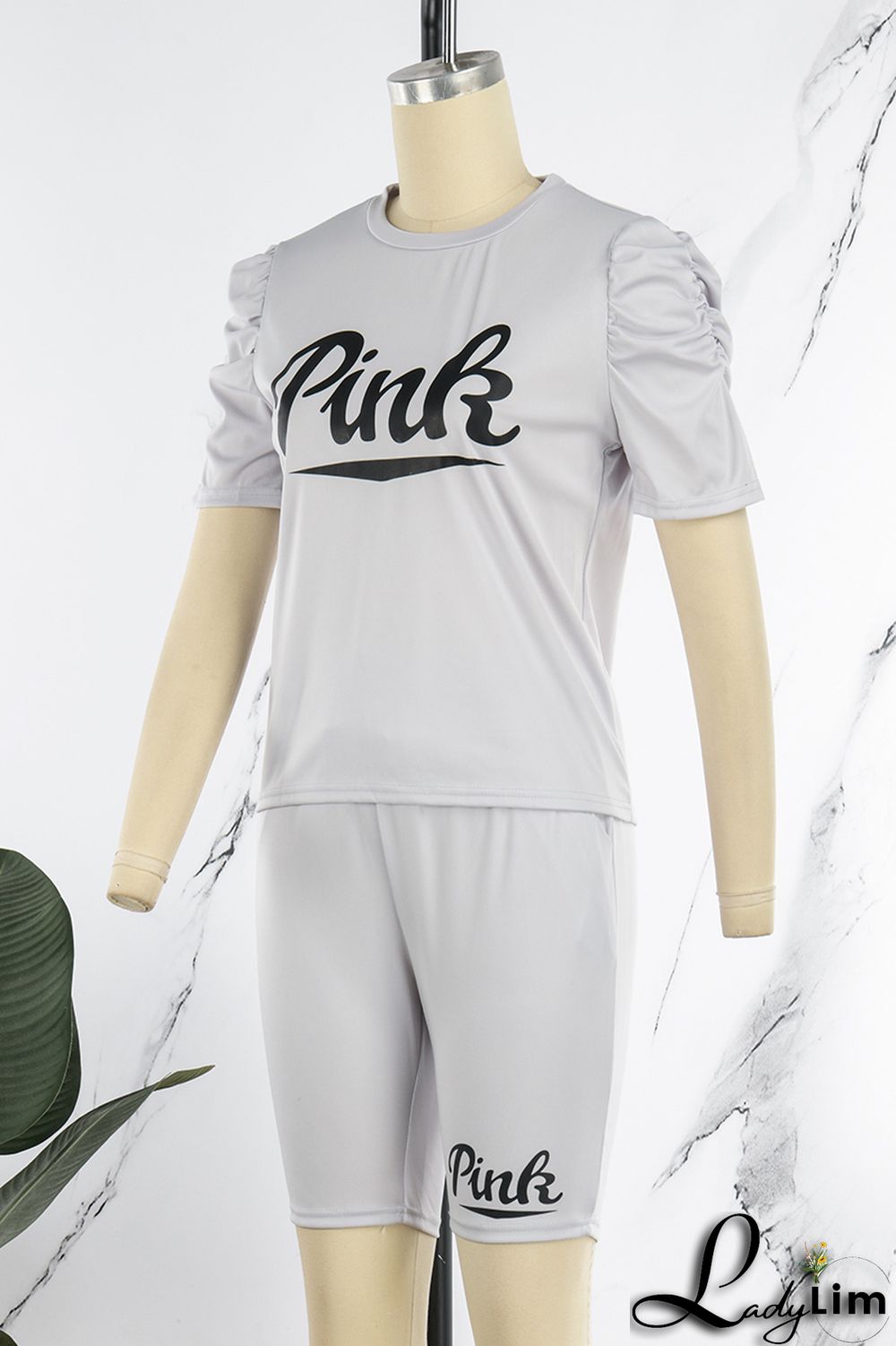 Grey Casual Letter Print Basic O Neck Short Sleeve Two Pieces