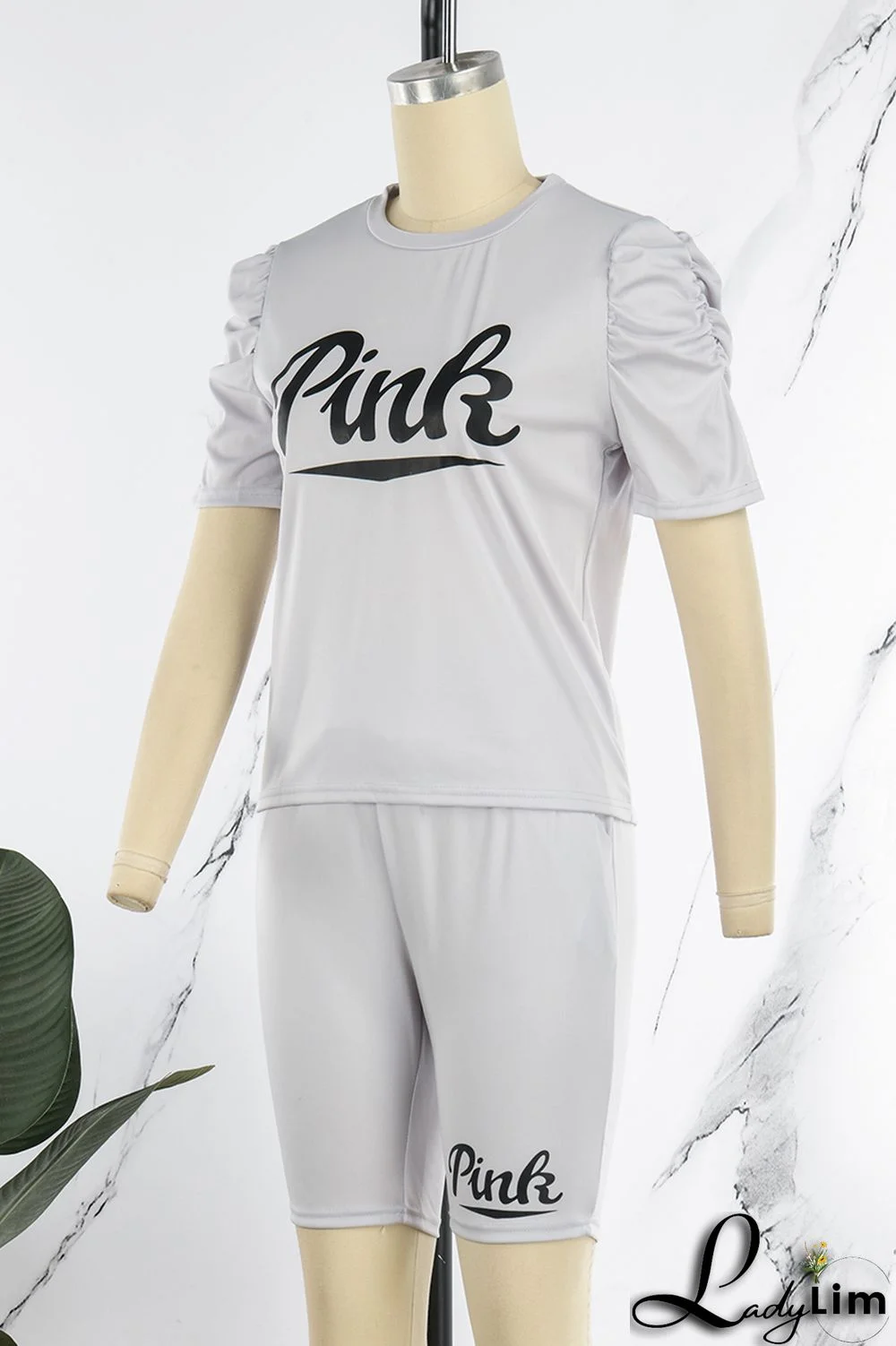 Grey Casual Letter Print Basic O Neck Short Sleeve Two Pieces