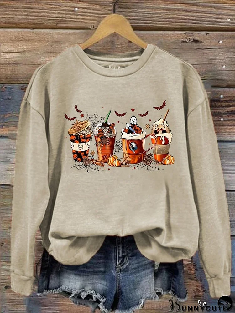 Women's Halloween Skeleton Coffee Cups Printed Sweatshirt