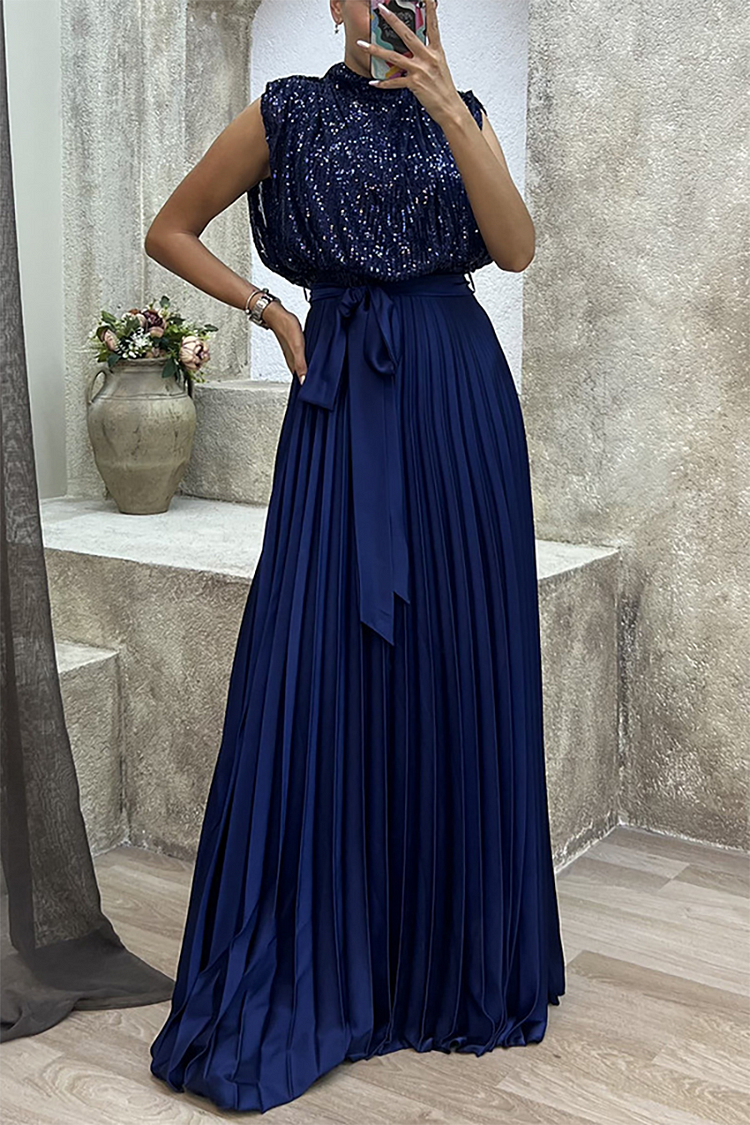 Sequin Patchwork Backless Tie Up Pleated Hem Sleeveless Maxi Dresses-Navy