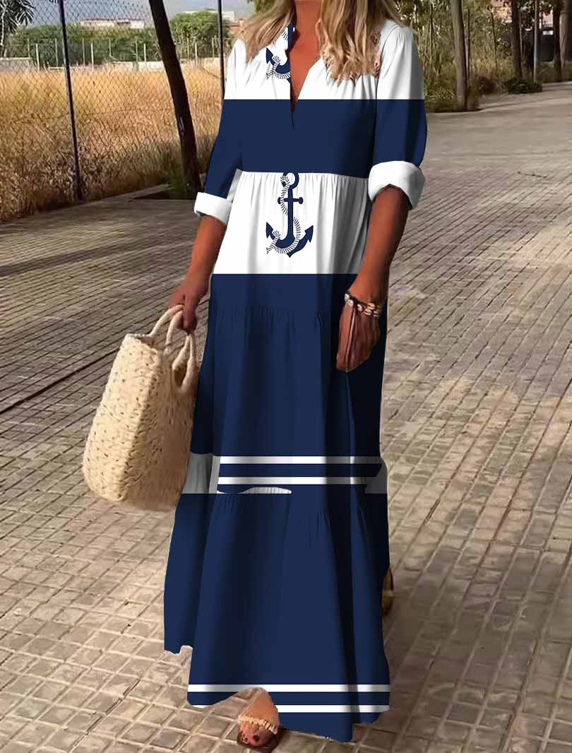 Women Anchor,Blue,Stripes DZDN1094 SPU Printed Long Sleeve V-neck Maxi Dress