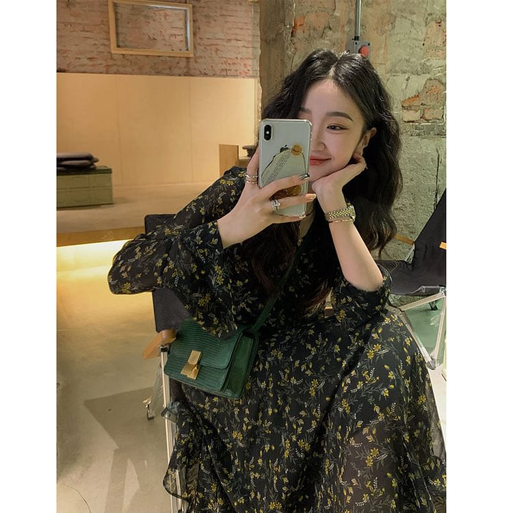 Aesthetic Dress Spring Women's Vintage Tea Break Fairy Dress Long Sleeve Floral Dress