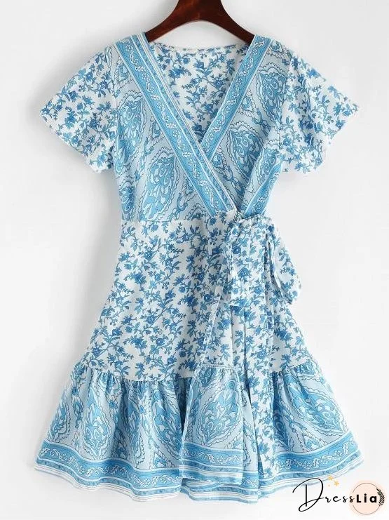 V Neck Ruffles Floral Print Wrap Dress