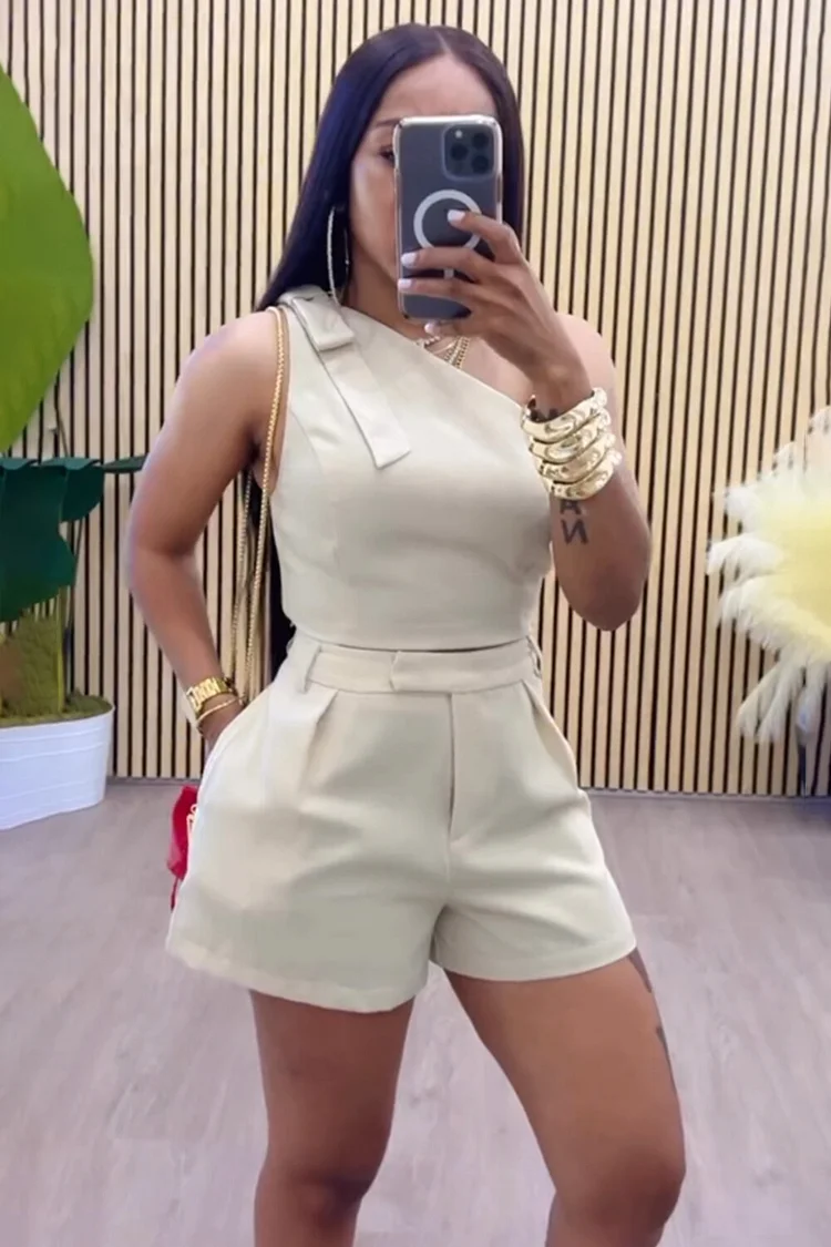 One Shoulder Ribbon Sleeveless Top Solid Shorts 2pcs Set-Beige [Pre Order]