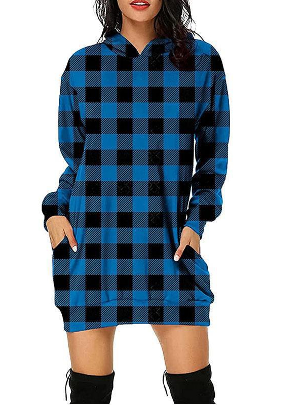 Printed Plaid Mid-Length Pocket Hooded Long-Sleeved Sweater
