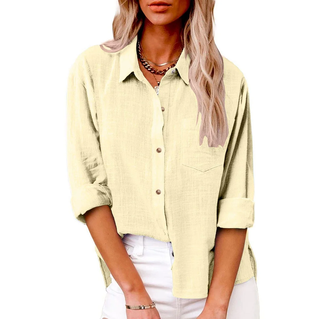 Uveng Autumn Pocket Split Linen Long-sleeved Blouses