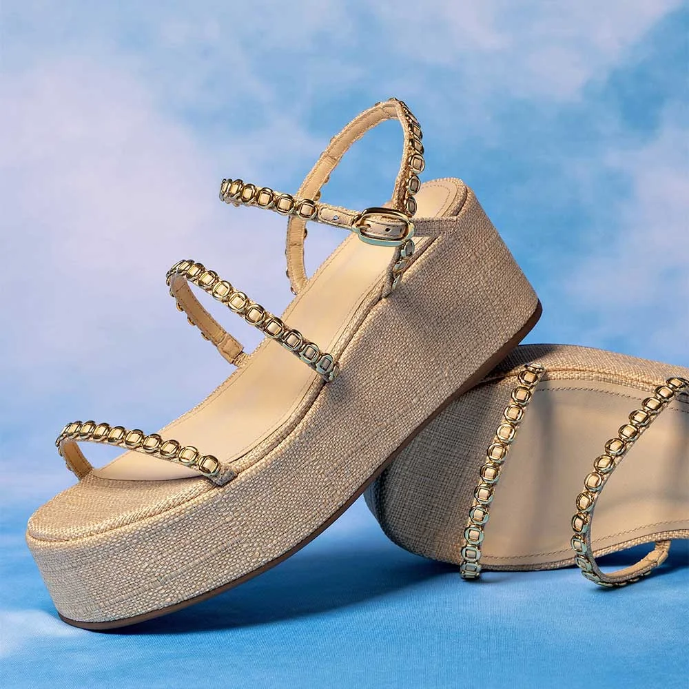 Beige Open Round Toe Gold Hardware Decor Strappy Platform Sandals