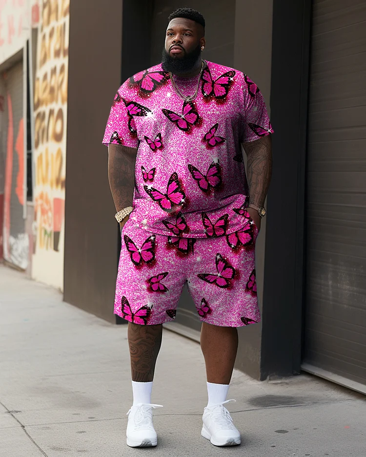 Men's Plus Size Casual Pink Artistic Butterfly Two-Piece Set