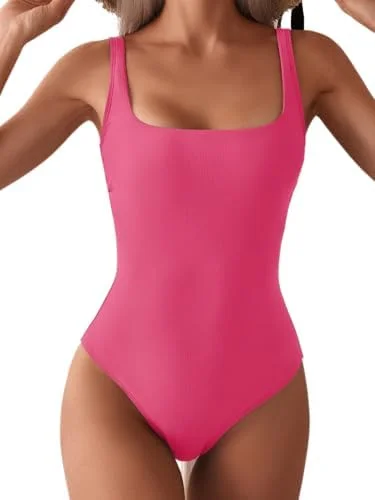 Ribbed Tummy Control Square Neck One Piece Swimsuits