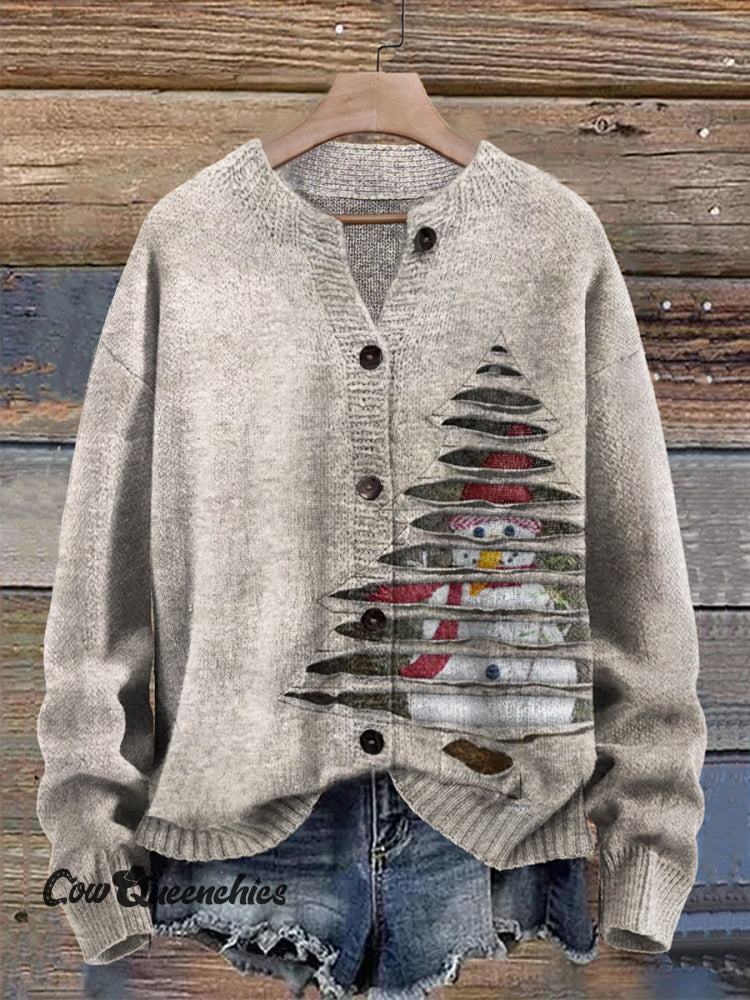 Retro Christmas Tree Snowman Pattern Print Buttoned Cardigan Sweater Multicolor / S