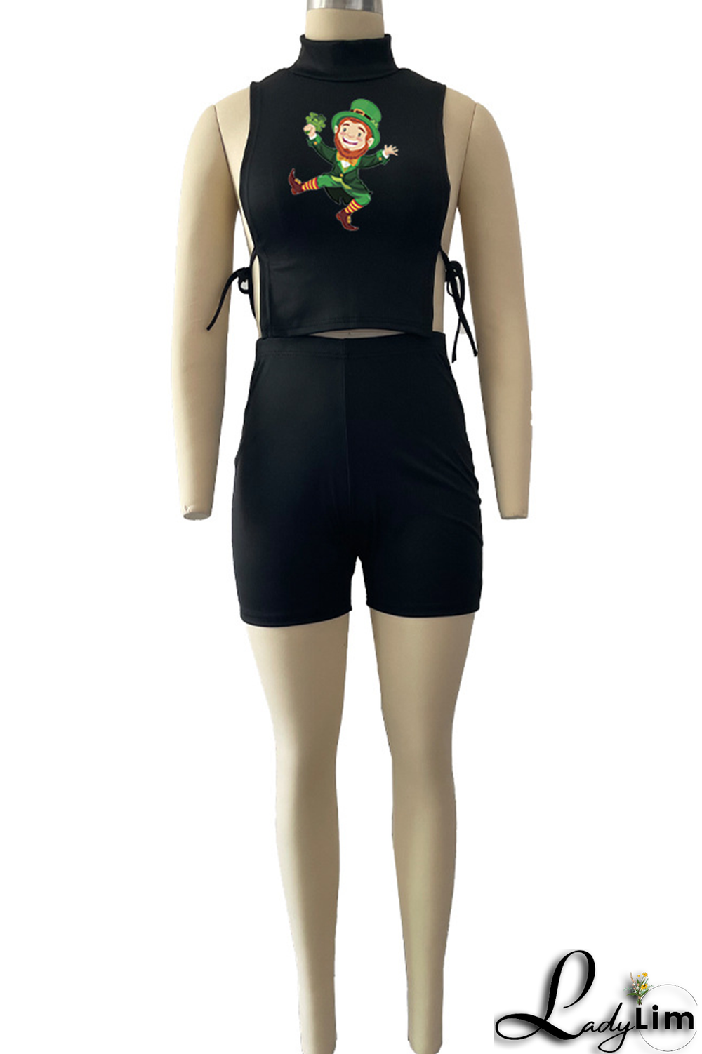 Black Fashion Print Split Joint Turtleneck Sleeveless Two Pieces