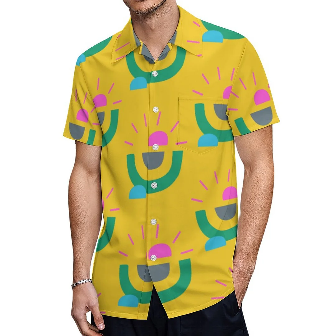 Boho Colorful Pink Yellow Geometric Shapes Hawaiian Shirt Mens Button Down Plus Size Tropical Hawaii Beach Shirts