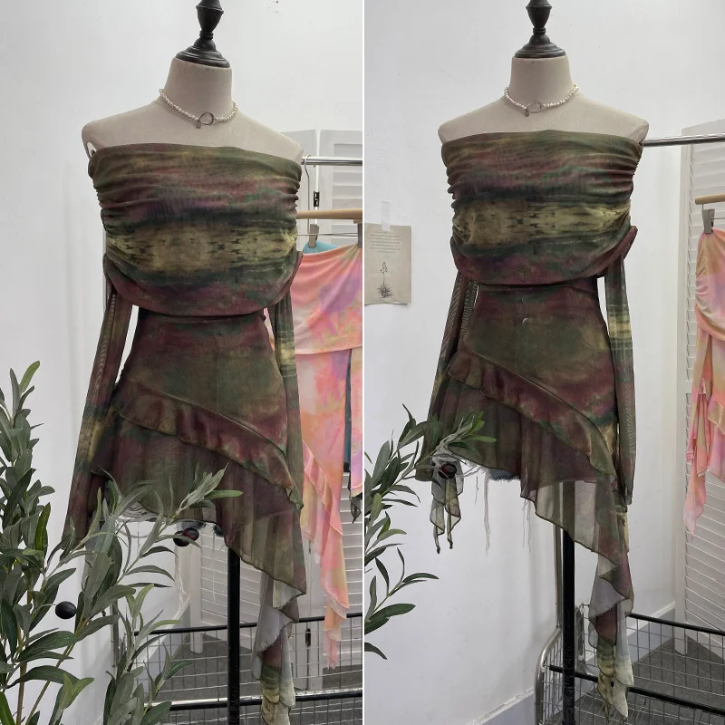 Nigikala Nigikala And Spicy Shoulder Dyed Printing Mesh Long-Sleeved Coat Folds Irregular Ribbon T-Shirt 9997