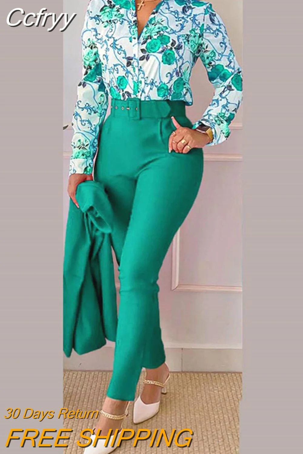 huibahe Print Women 2 Pieces Set High Waist Long Pants Work Sets Female V-Neck Long Sleeve Shirt Top Suit Casual 2023 Summer