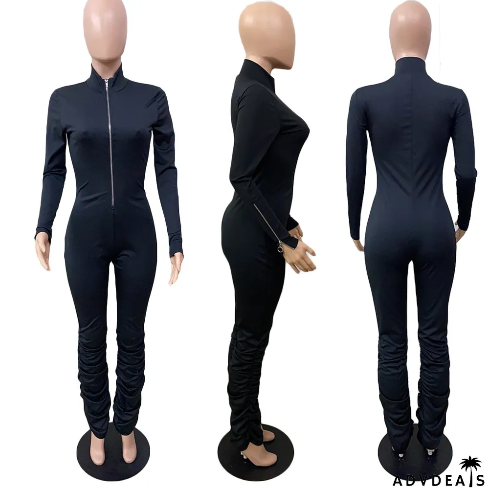 Solid Long Sleeve Zipper Stacked Jumpsuit