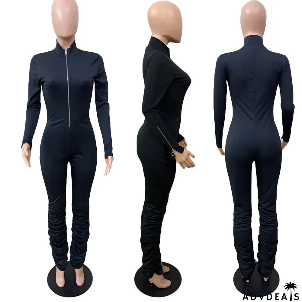 Solid Long Sleeve Zipper Stacked Jumpsuit