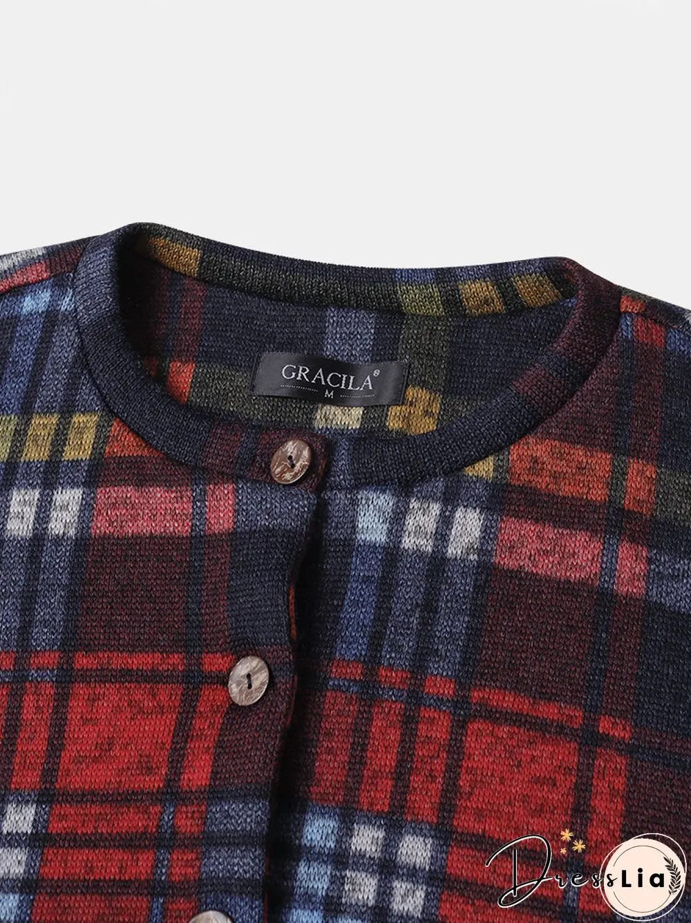 Color Plaid Print Long Sleeves O-neck Button Casual Coat For Women