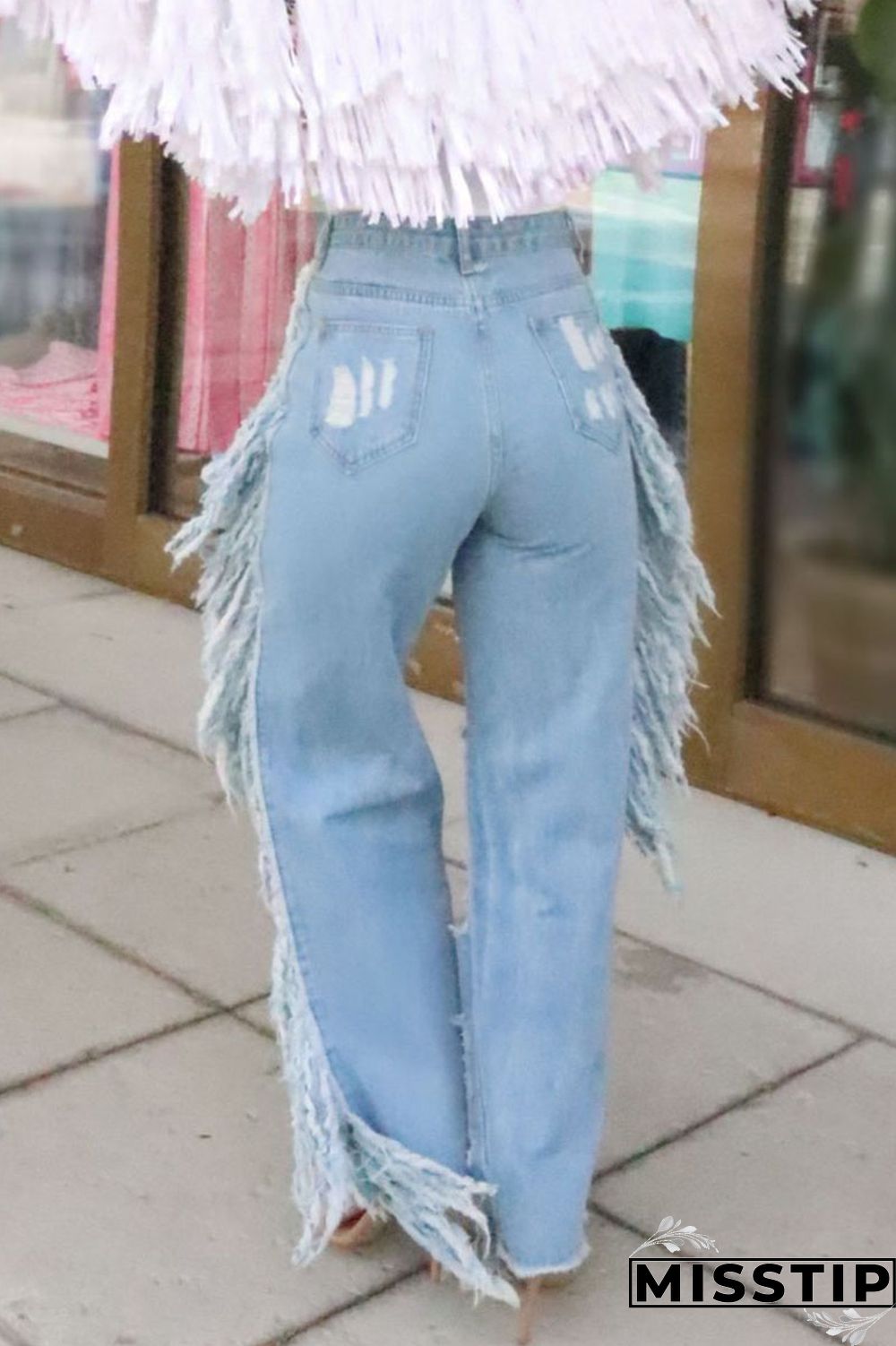 Light Color Street Solid Tassel Ripped Hollowed Out Patchwork High Waist Loose Denim Jeans