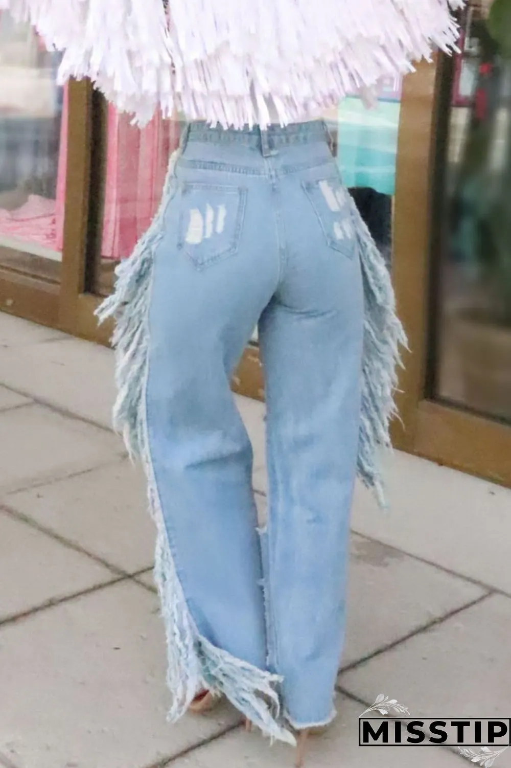 Light Color Street Solid Tassel Ripped Hollowed Out Patchwork High Waist Loose Denim Jeans