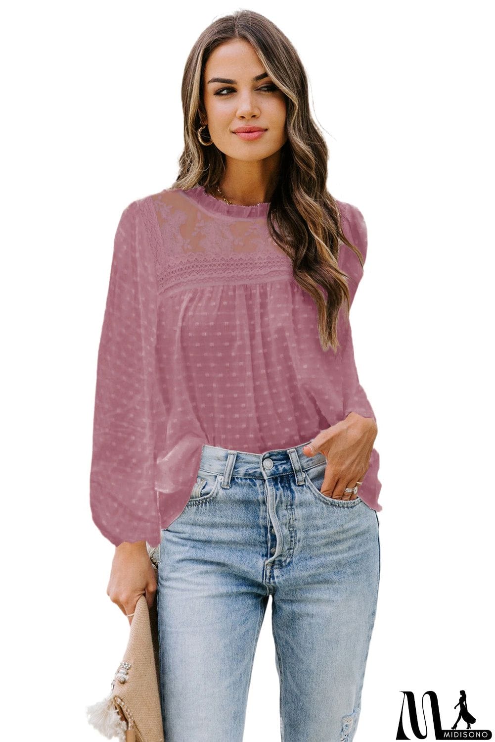 MidiSono - Frill Neck Swiss Dot Puff Sleeve Blouse