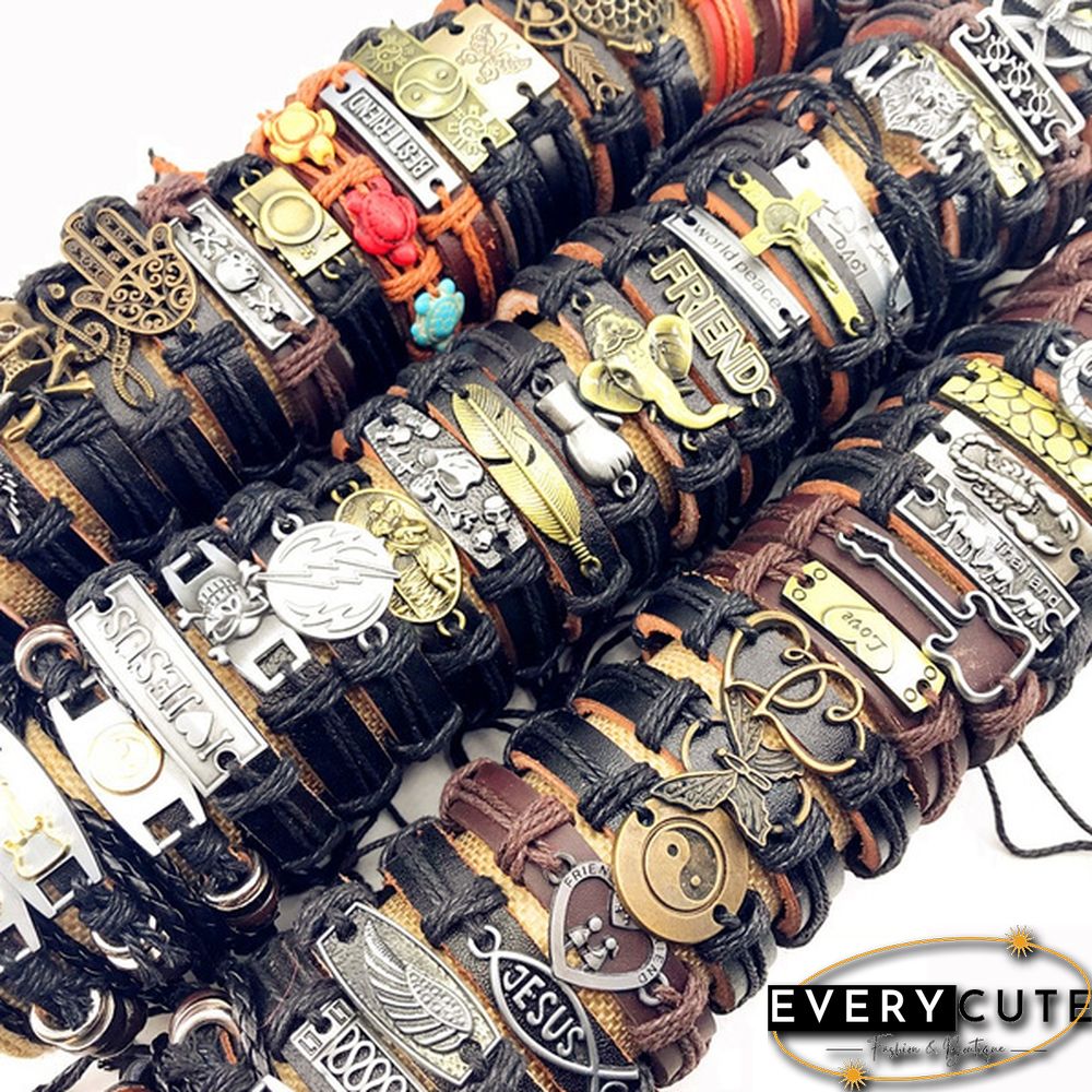 Wholesale 50pcs/Lot Leather Metal Charm Bracelets For Men Vintage Cuff Bracelets For Women Gifts Jewelry Mix Style