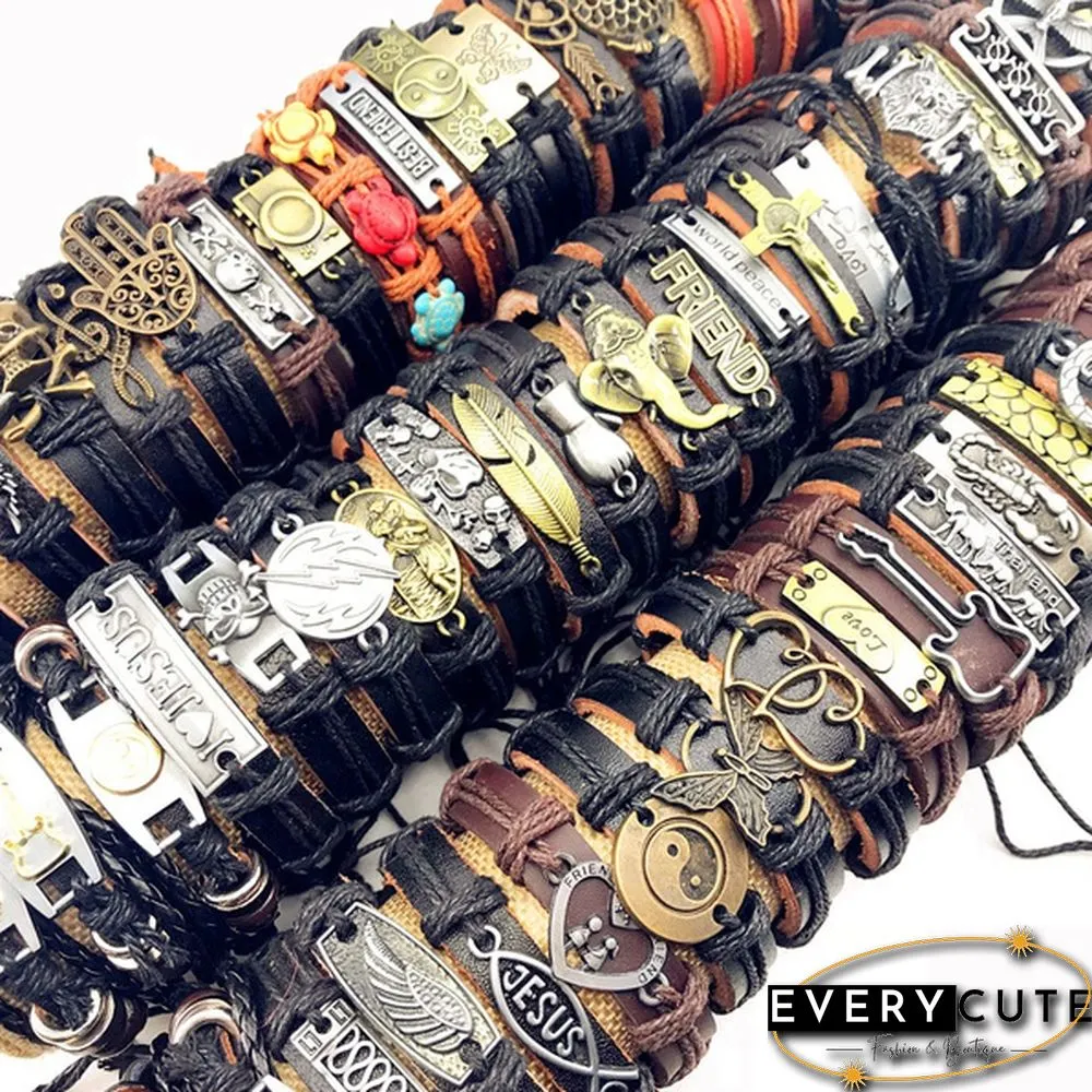 Wholesale 50pcs/Lot Leather Metal Charm Bracelets For Men Vintage Cuff Bracelets For Women Gifts Jewelry Mix Style