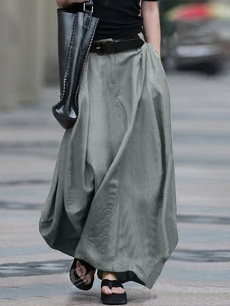 Casual Loose Pocket Solid Color Maxi Skirt