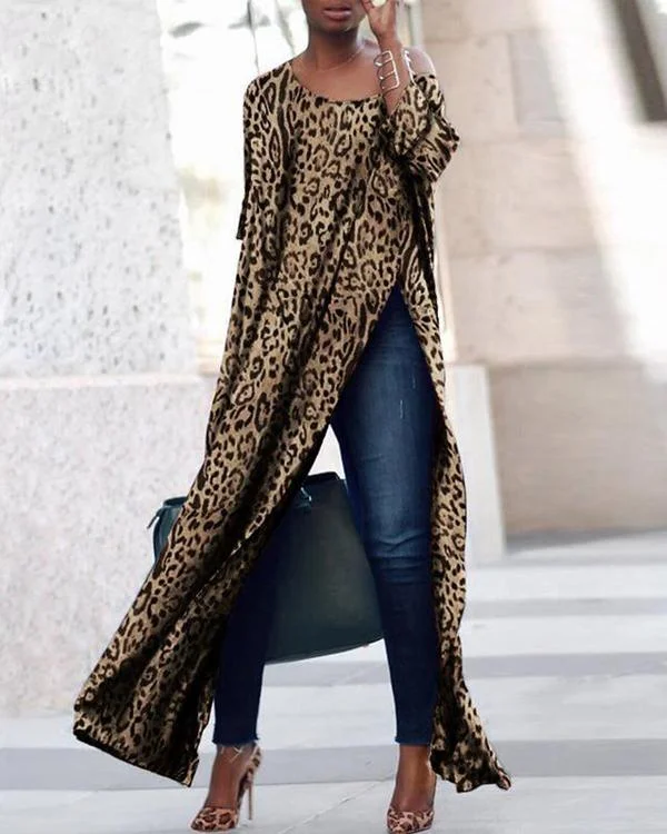 Slit Basic Crew Neck Leopard Printed Long Sleeve Dresses