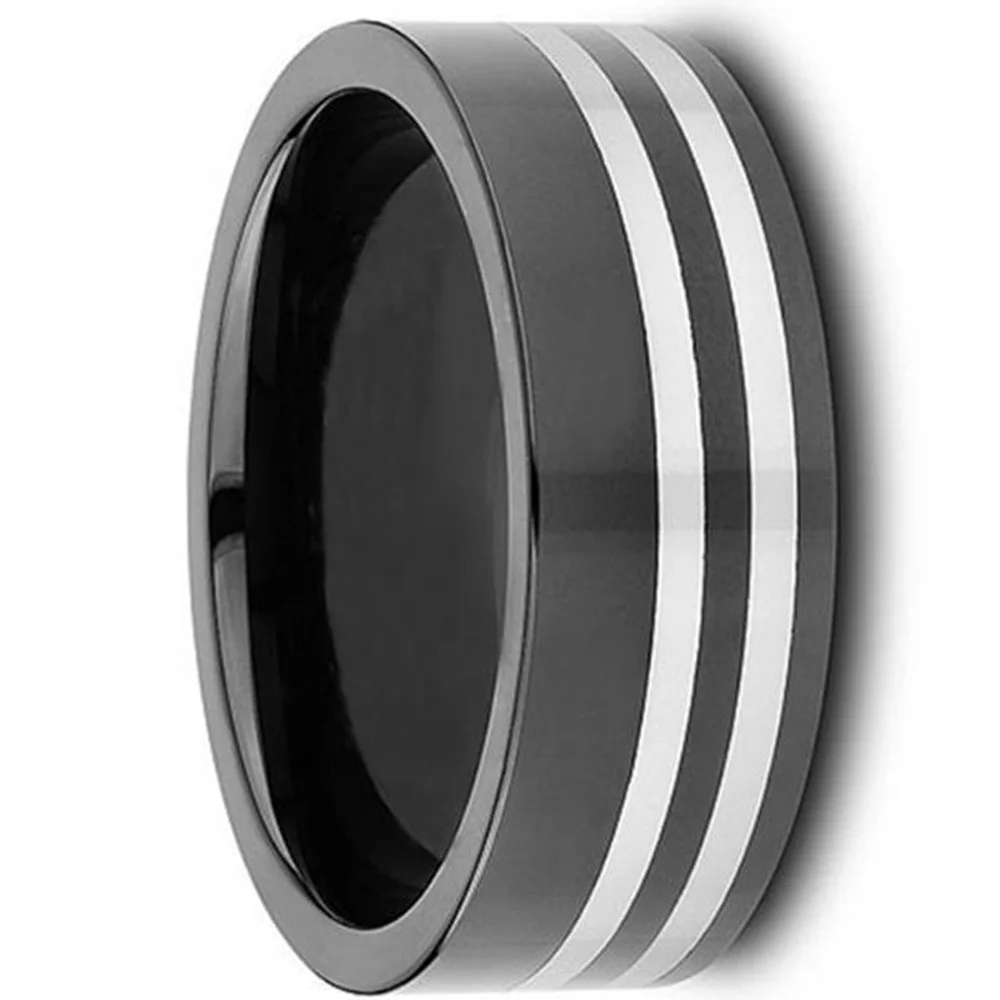 8MM Mens Plated Black Tungsten Rings Silver Stripes