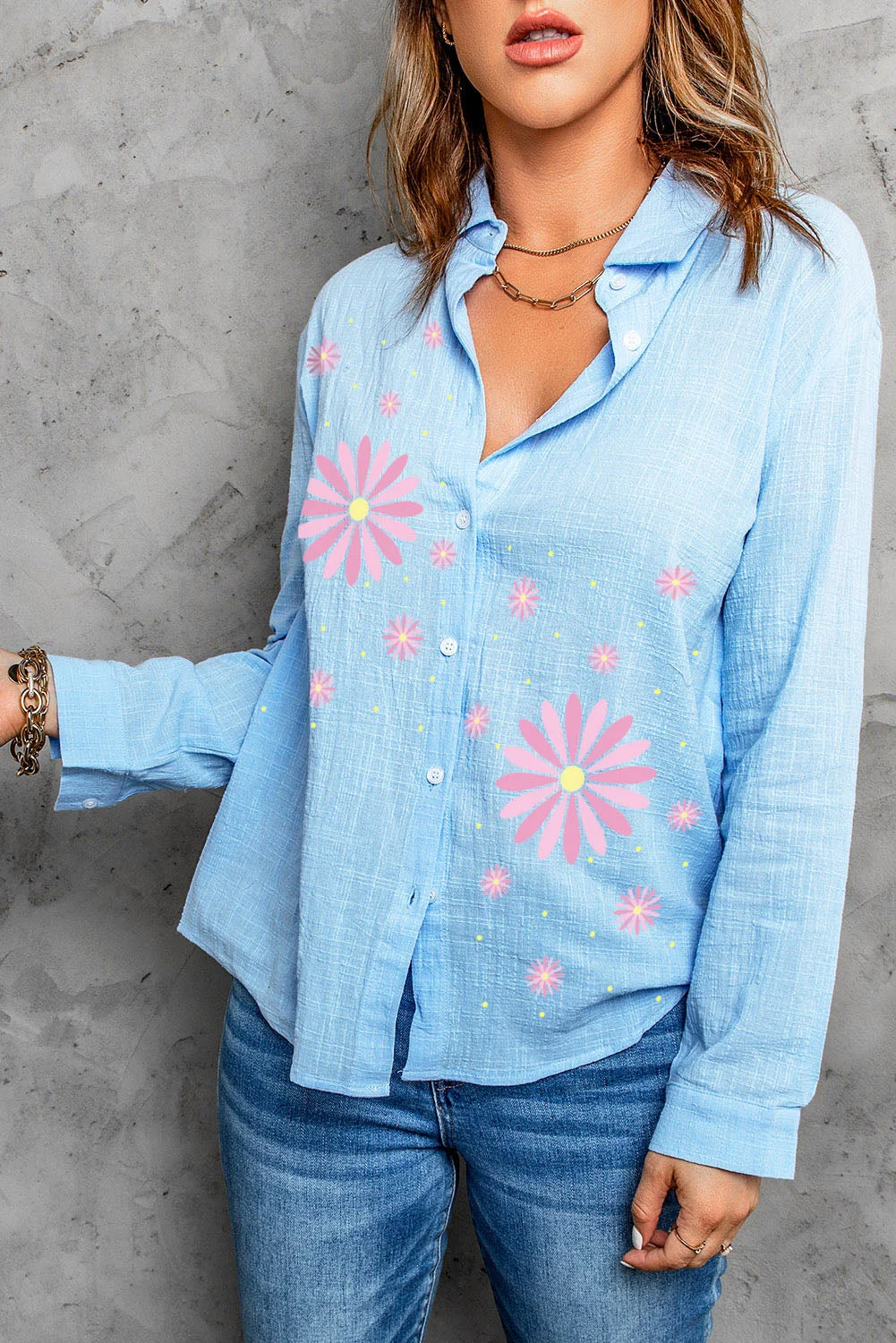 Textured Pink Gerbera Print Basic Shirt