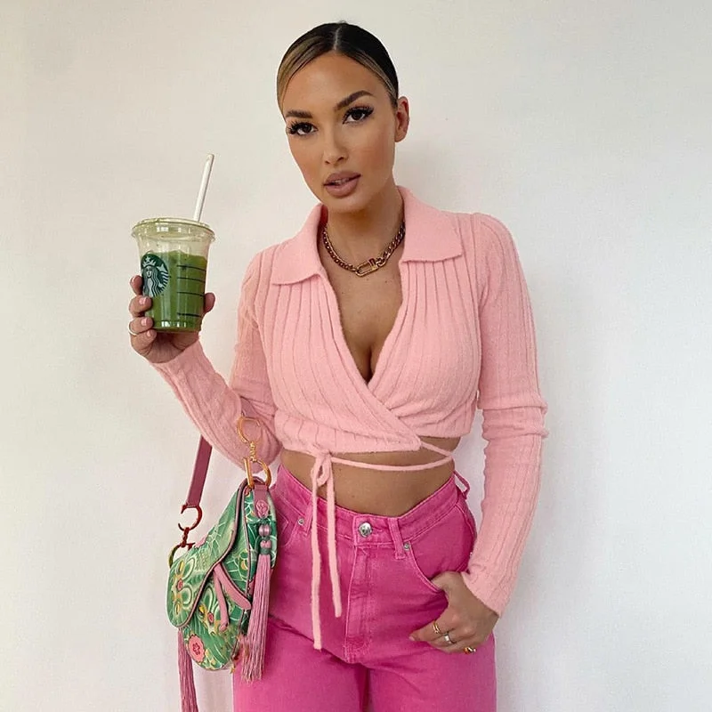 Solid Y2K Knit T Shirt Women Long Sleeve Turndown Neck Lace Navel Crop Tops Sexy Casual Bodycon Caidigan Top Autumn Streetwear
