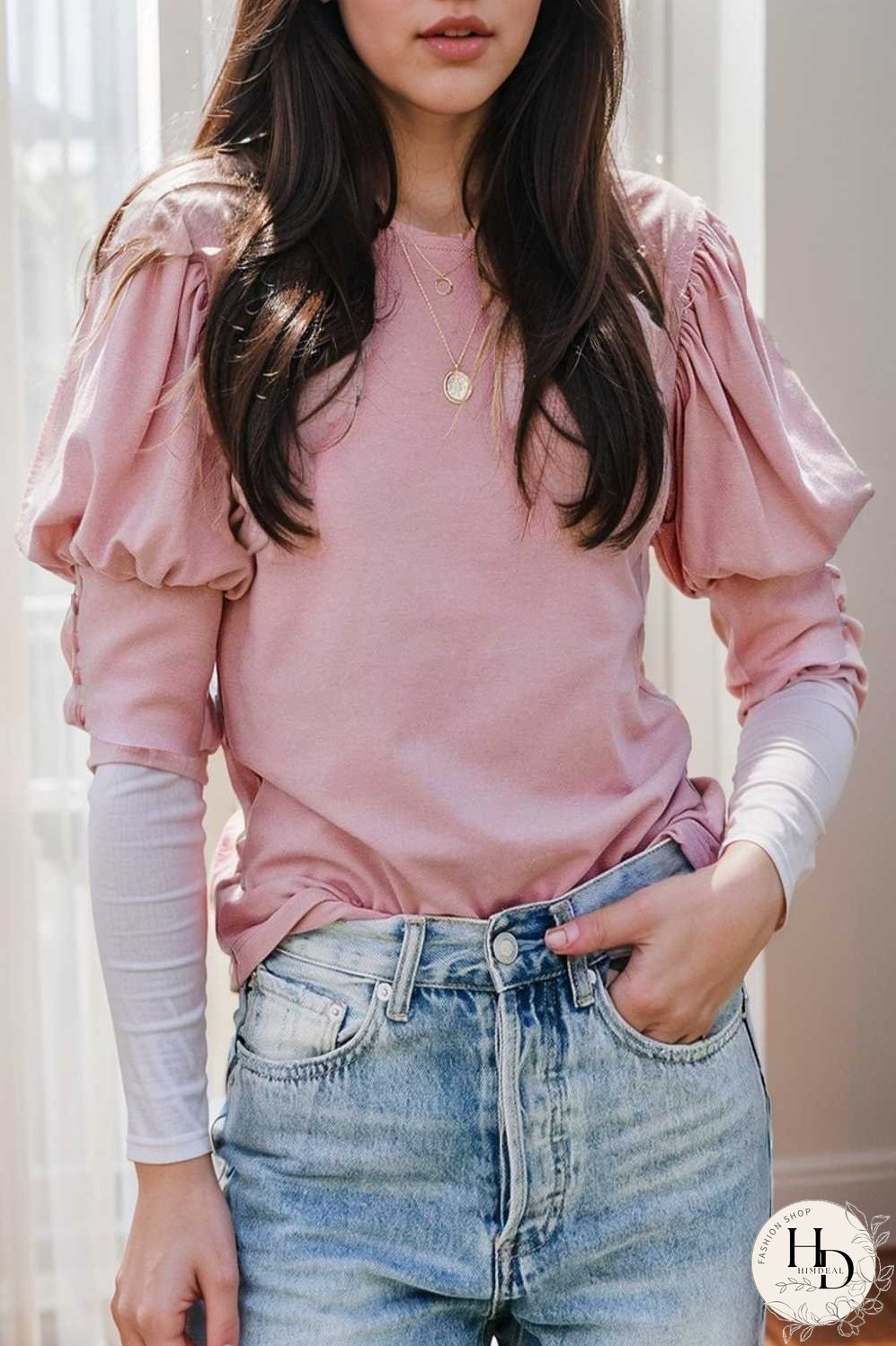 solid color button loose casual round neck t shirt