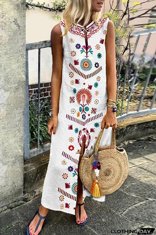 Print Slit Maxi Dress