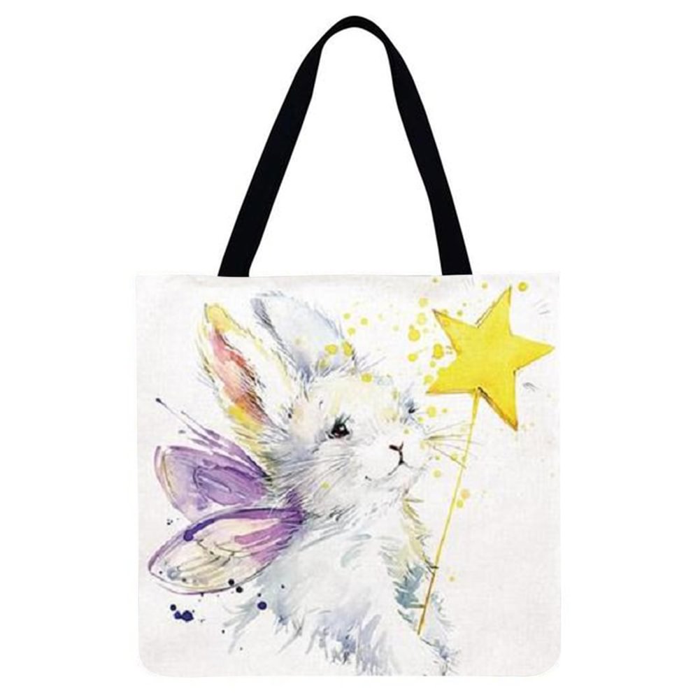 Linen Tote Bag-Cute white rabbit