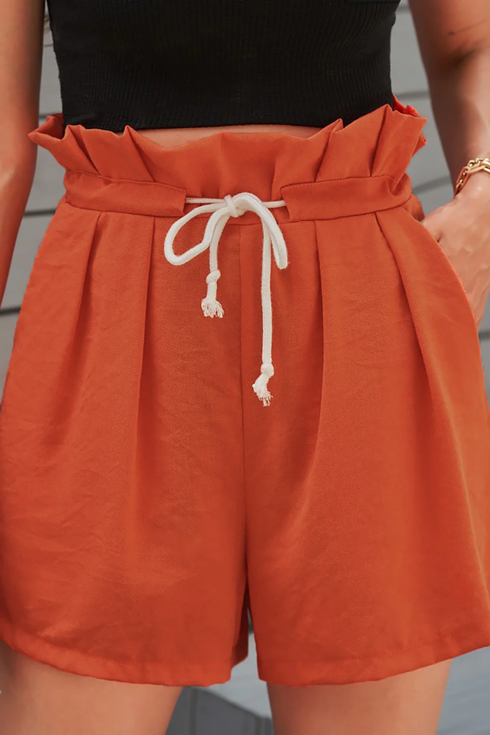 Orange Frilled Drawstring Waist High Rise Shorts | IFYHOME