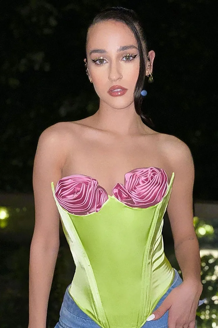 Colorblock 3D Flower Decor Irregular Neck Strapless Corset