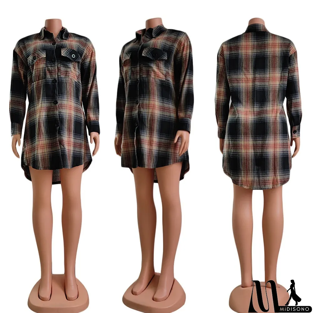 MidiSono - Plaid Long Sleeve Loose Shirt Top