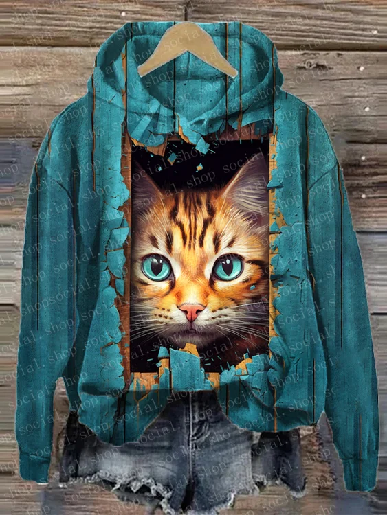 Women's Huggies Cat Print Loose Hooded Sweatshirt socialshop