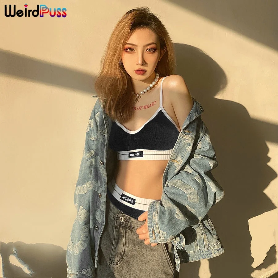 Weird Puss Ribbed Letter Print Cotton 2 Piece Set Beach Style Bra Padded Top+Thong Matching High Quality Casual Vacation Outfits