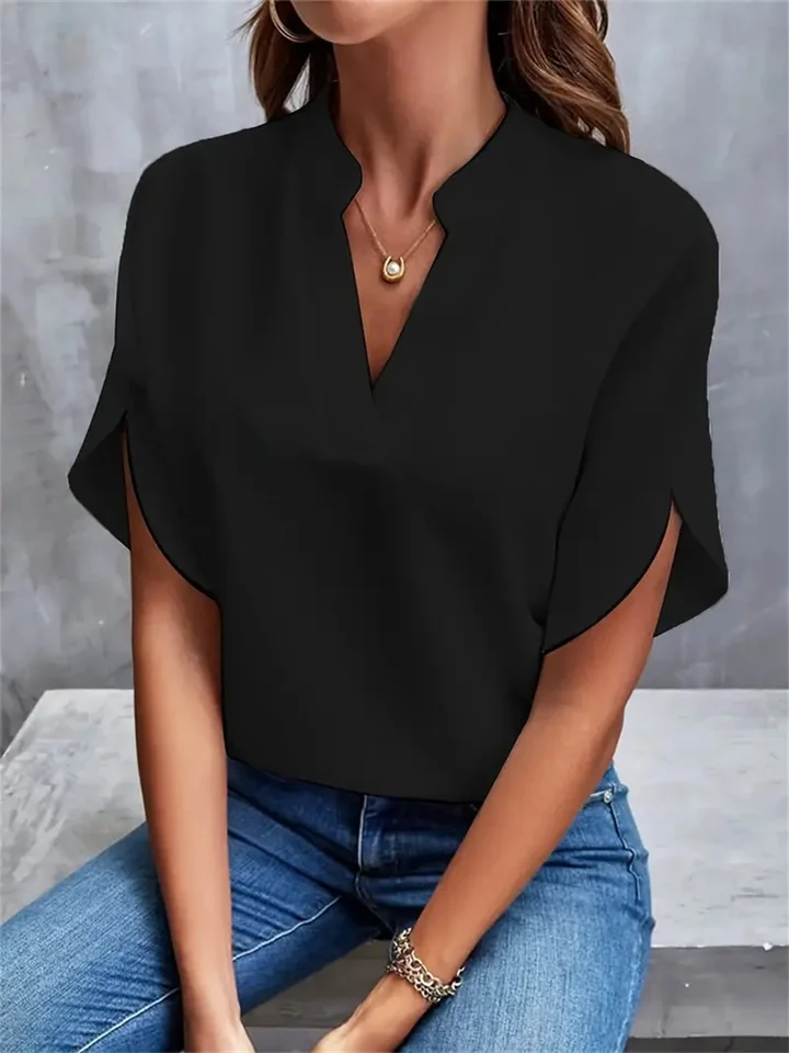 Women's Summer Casual Solid Color V-neck Loose Shirt Top