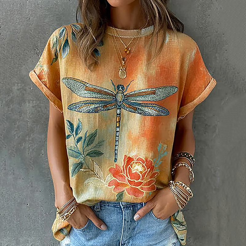 Retro Dragonfly And Floral Pattern Linen Blend Short Sleeve Tops elevenforest
