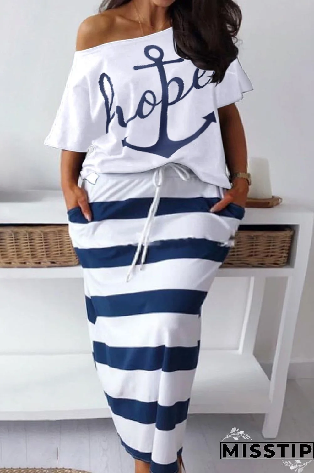 White Fashion Casual Print Basic Oblique Collar Plus Size Two Pieces