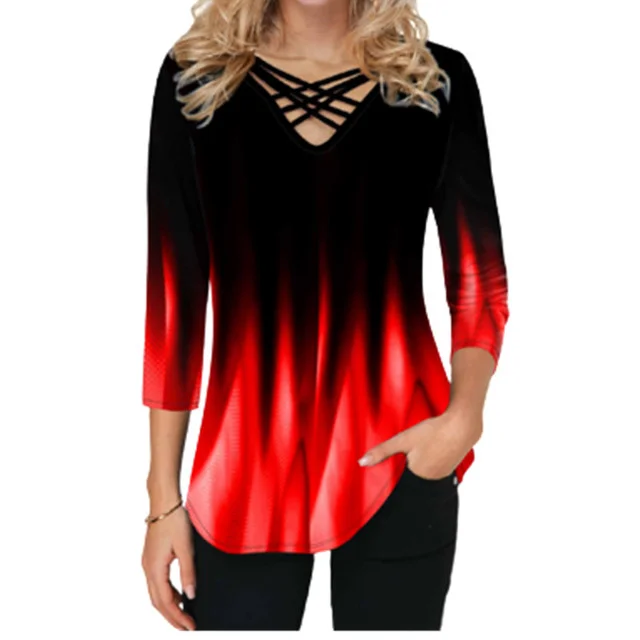 2021 New Spring Tops Summer Oversize Women Blouses 3D Gradient Print Cross V-Neck Loose Casual Street Shirt Tops Fashion Clothes