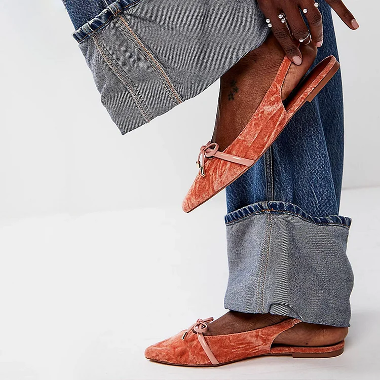 Pink Velvet Pointed Toe Bow Strap Slingback Flats |FSJ Shoes