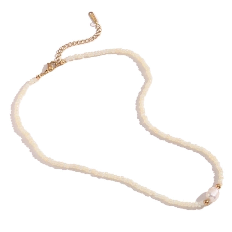 Casual Basic Solid Color 304 Stainless Steel Freshwater Pearl Seed Bead 18K Gold Plated Beaded Plating Necklace