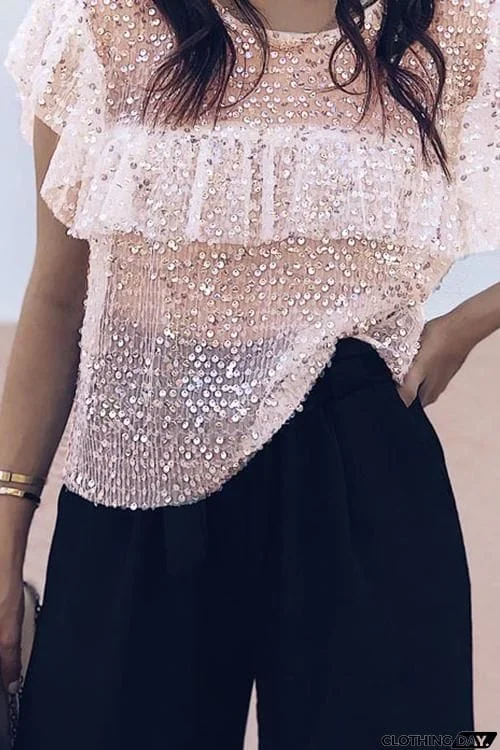 Ruffles Sequin Short Sleeve T Shirt